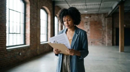 Organisateur professionnel au Québec consultant les documents d'assurance avant un événement