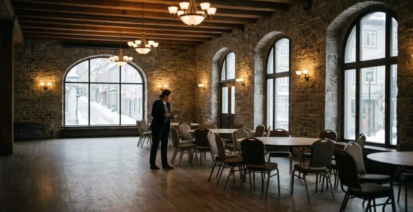 Vue intérieure d'une salle d'événements vide au Québec, organisateur vérifiant les installations avant l'accueil du public
